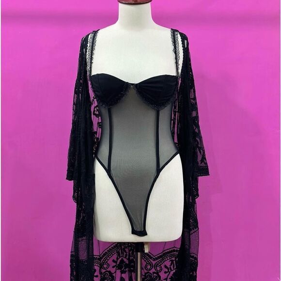 Black Mesh Bodysuit with Lace Straps and Ruffled Cup Details - Picture 1 of 8